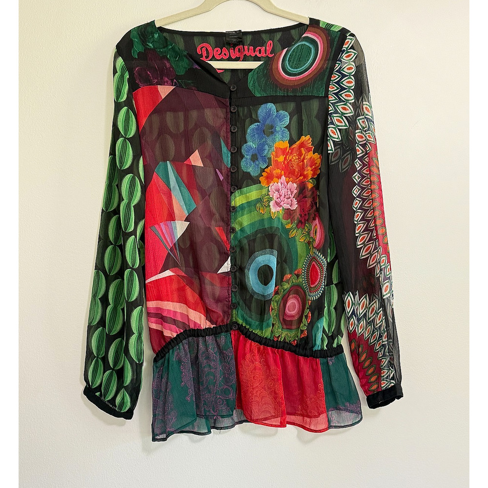 Desigual Womens Polyester Floral Multicolor Button Up Casual Blouse Shirt Sz L
